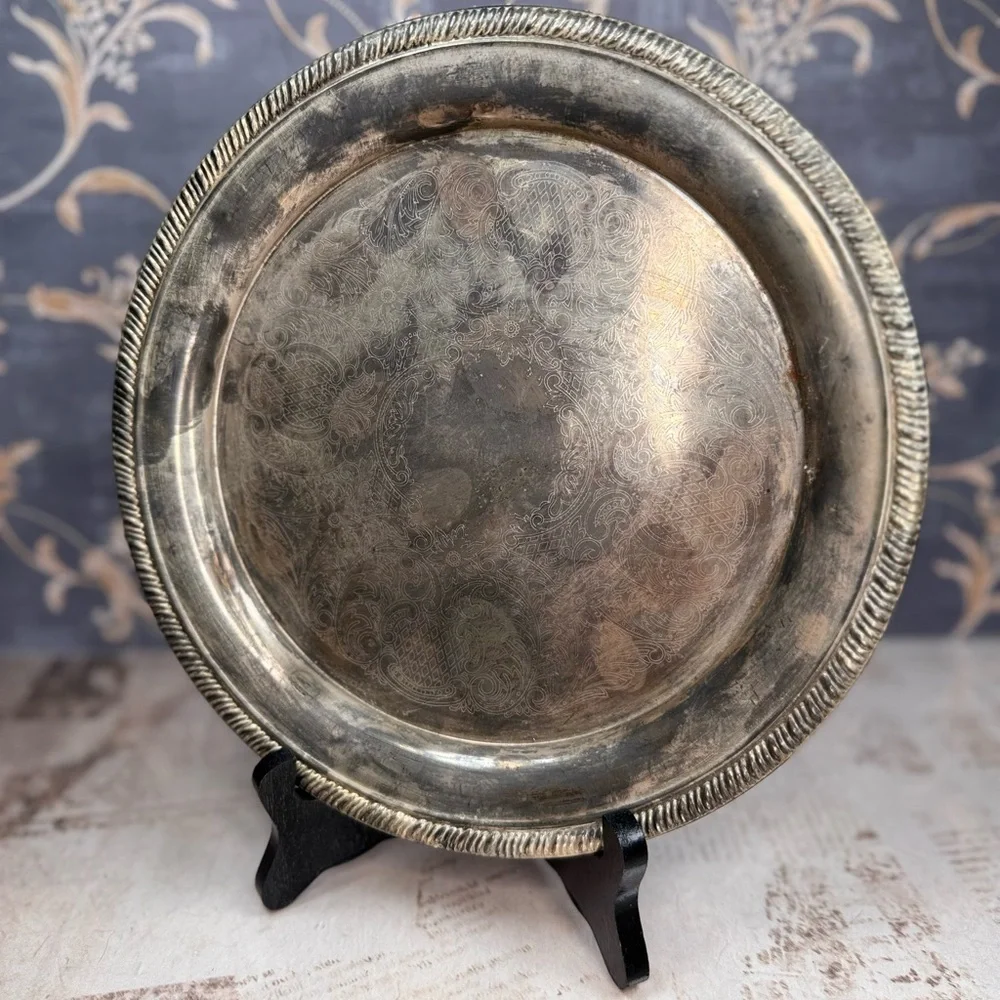 Vintage Ornate Engraved Silverplate Tray Round Heavy Patina
